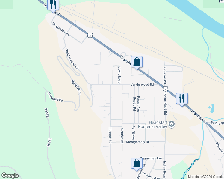 map of restaurants, bars, coffee shops, grocery stores, and more near 45 Pioneer Road in Libby