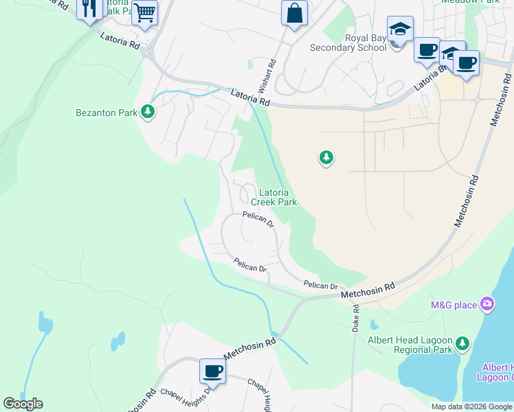 map of restaurants, bars, coffee shops, grocery stores, and more near 3650 Citadel Place in Victoria