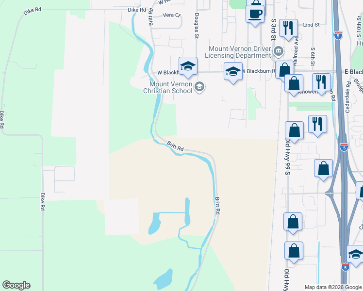 map of restaurants, bars, coffee shops, grocery stores, and more near 16797 Britt Road in Mount Vernon