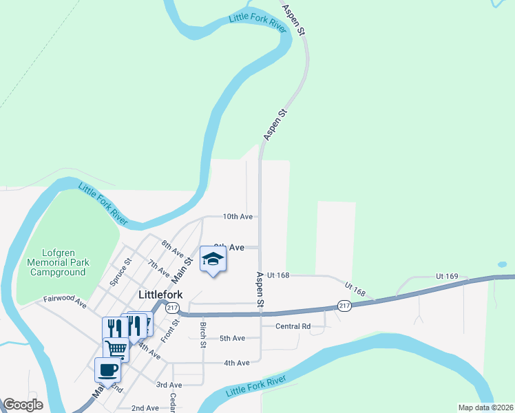 map of restaurants, bars, coffee shops, grocery stores, and more near 924 Aspen Street in Littlefork