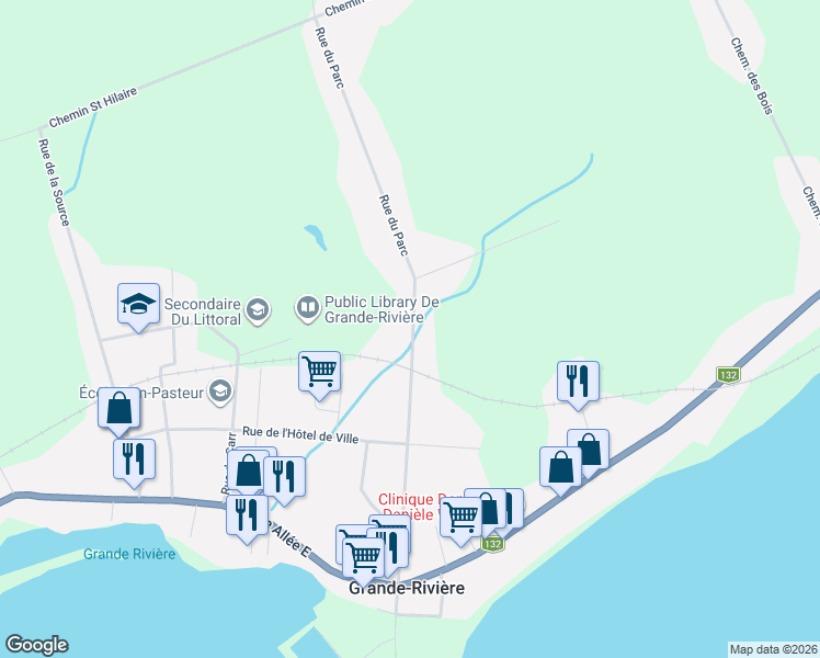 map of restaurants, bars, coffee shops, grocery stores, and more near Rue du Parc in Grande-Rivière