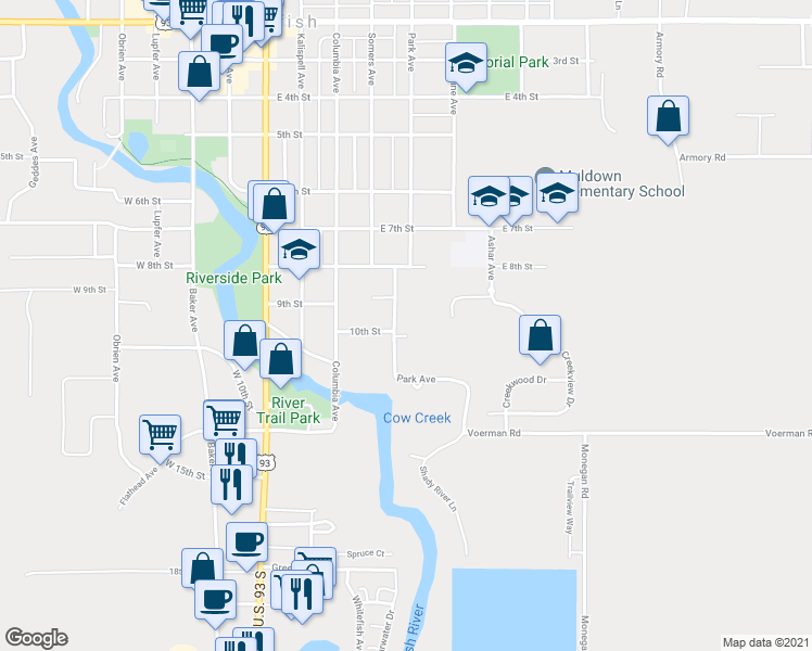 map of restaurants, bars, coffee shops, grocery stores, and more near 901 Park Avenue in Whitefish