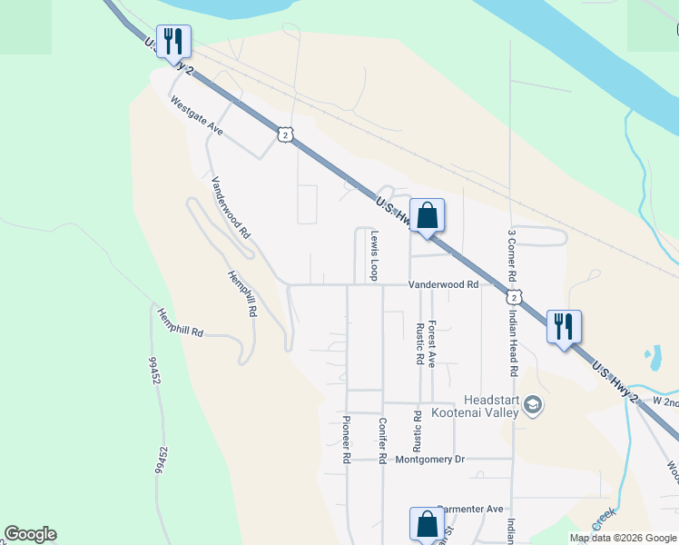 map of restaurants, bars, coffee shops, grocery stores, and more near 362 Vanderwood Road in Libby