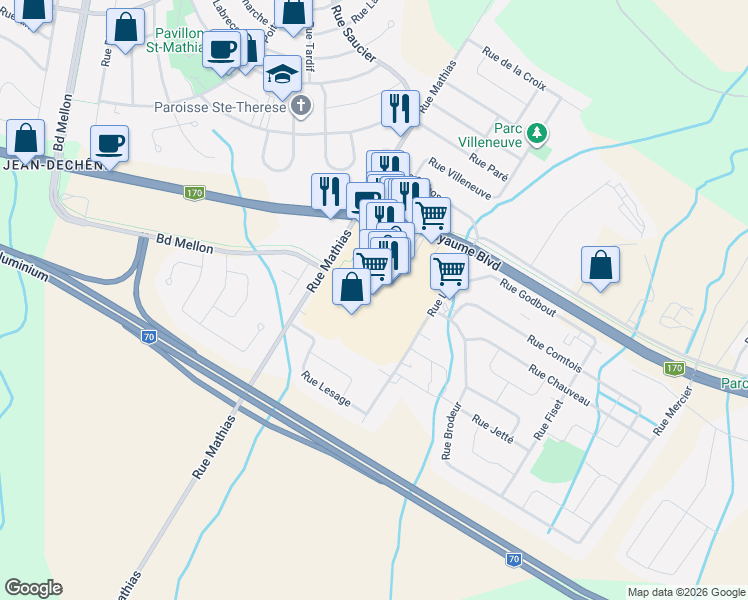 map of restaurants, bars, coffee shops, grocery stores, and more near 2655 Boulevard du Royaume in Saguenay