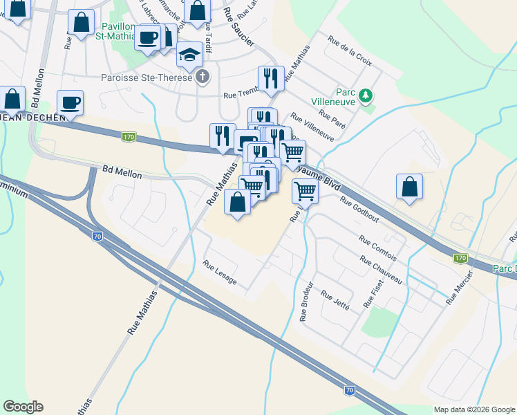 map of restaurants, bars, coffee shops, grocery stores, and more near 2655 Boulevard du Royaume in Saguenay