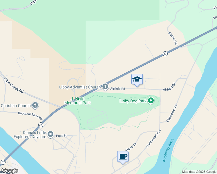 map of restaurants, bars, coffee shops, grocery stores, and more near 1380 Montana 37 in Libby