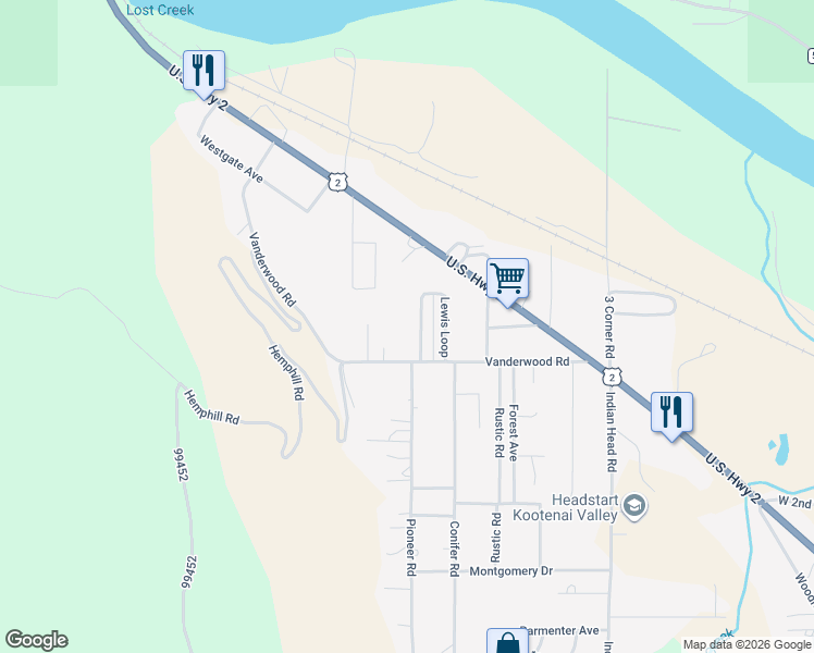 map of restaurants, bars, coffee shops, grocery stores, and more near 362 Vanderwood Road in Libby