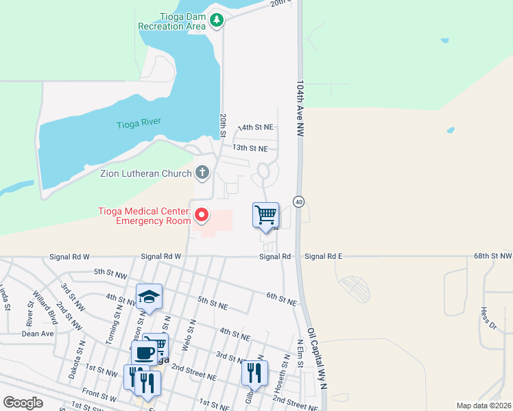 map of restaurants, bars, coffee shops, grocery stores, and more near 1102 Elm Street in Tioga