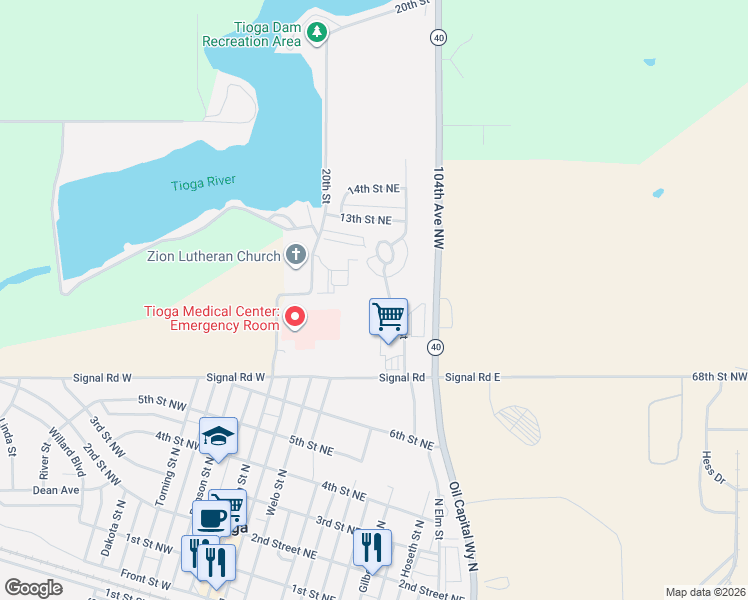 map of restaurants, bars, coffee shops, grocery stores, and more near 1102 Elm Street in Tioga
