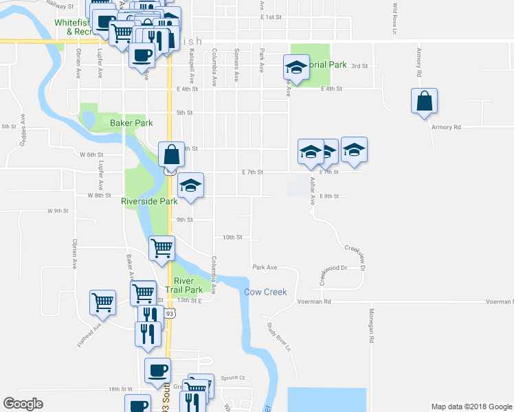 map of restaurants, bars, coffee shops, grocery stores, and more near 811 Park Avenue in Whitefish