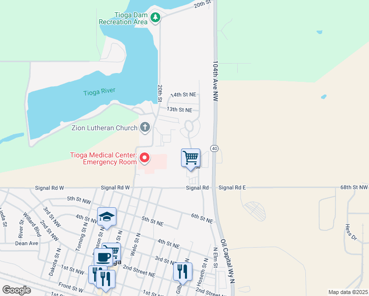map of restaurants, bars, coffee shops, grocery stores, and more near 1102 Elm Street in Tioga