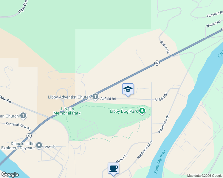 map of restaurants, bars, coffee shops, grocery stores, and more near 1446 Montana 37 in Libby