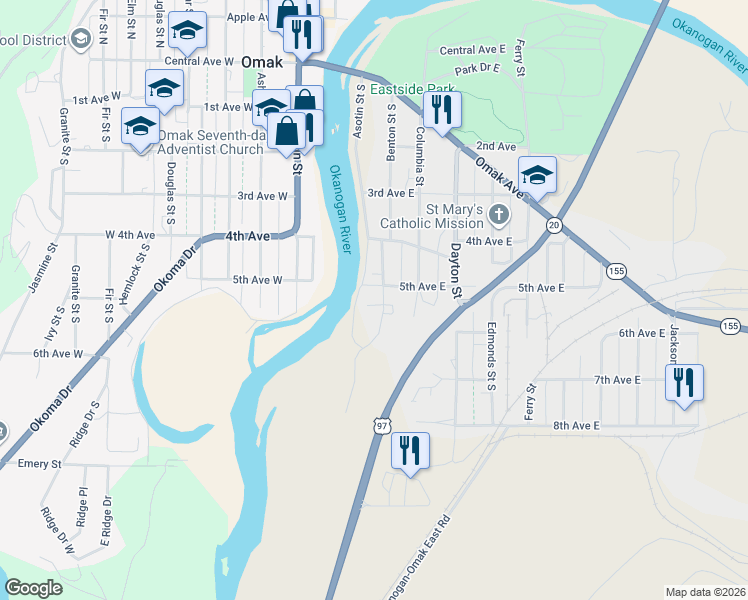 map of restaurants, bars, coffee shops, grocery stores, and more near in Okanogan County