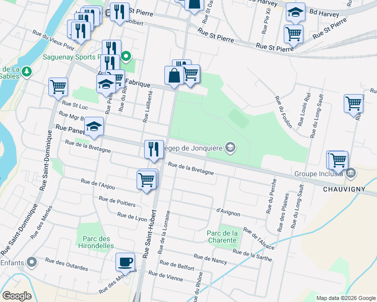 map of restaurants, bars, coffee shops, grocery stores, and more near 3818 Rue Panet in Saguenay