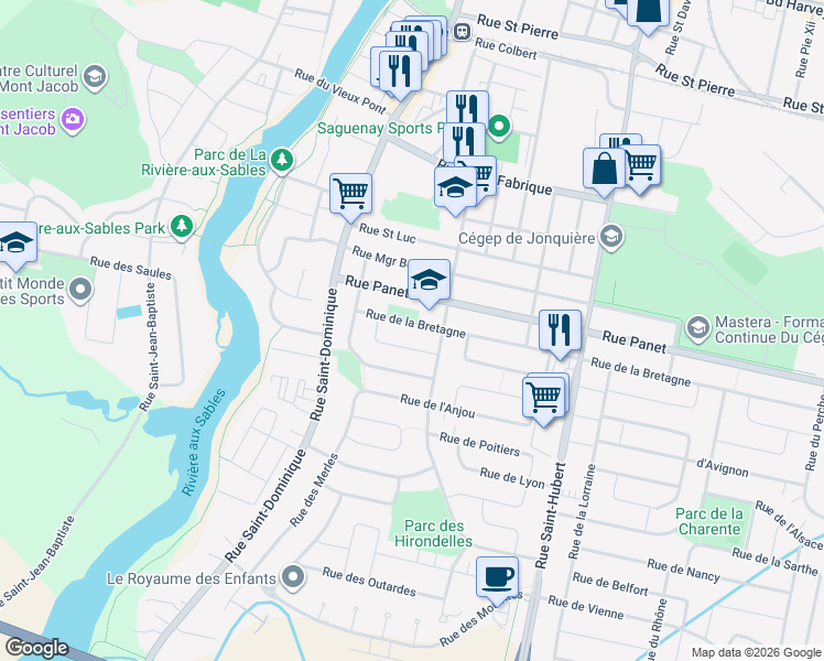 map of restaurants, bars, coffee shops, grocery stores, and more near 3949 Rue de la Bretagne in Saguenay