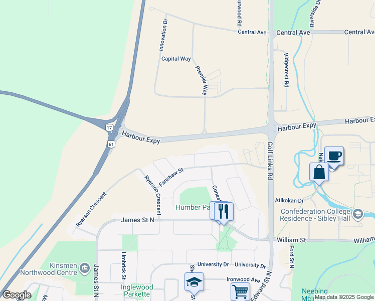 map of restaurants, bars, coffee shops, grocery stores, and more near 194 Seneca Place in Thunder Bay