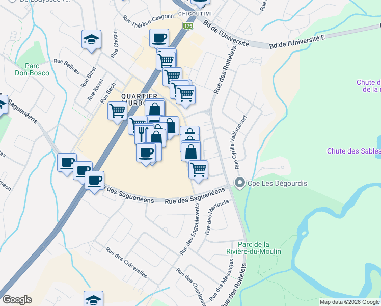 map of restaurants, bars, coffee shops, grocery stores, and more near 1377 Rue Des Champs-Élysées in Saguenay