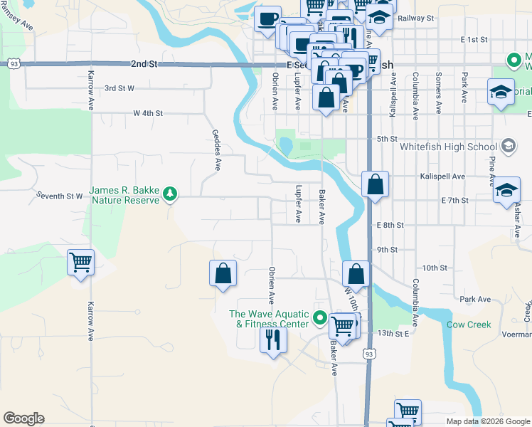 map of restaurants, bars, coffee shops, grocery stores, and more near 722 Scott Avenue in Whitefish