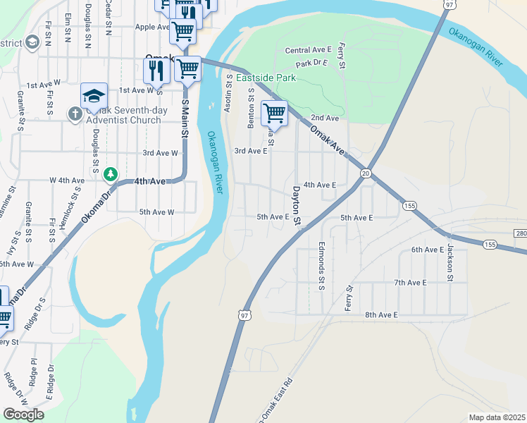 map of restaurants, bars, coffee shops, grocery stores, and more near 417 Columbia Street in Omak