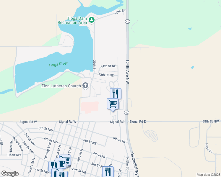 map of restaurants, bars, coffee shops, grocery stores, and more near 1207 Elm Street in Tioga