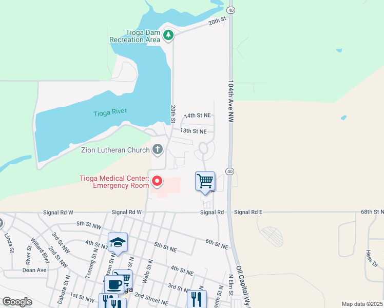map of restaurants, bars, coffee shops, grocery stores, and more near 1010 Welo Street North in Tioga