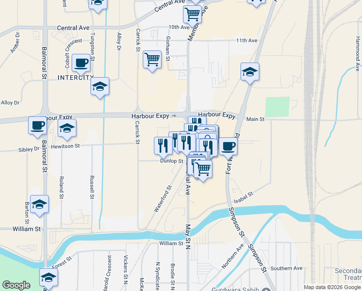map of restaurants, bars, coffee shops, grocery stores, and more near 1080 Memorial Avenue in Thunder Bay