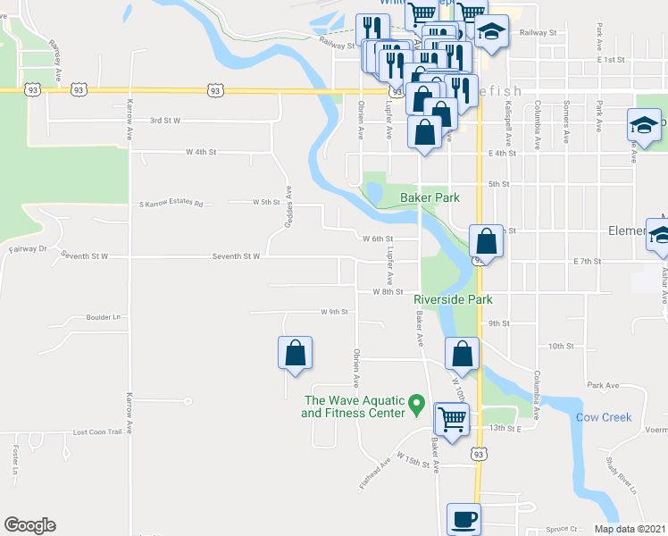 map of restaurants, bars, coffee shops, grocery stores, and more near 722 Scott Avenue in Whitefish