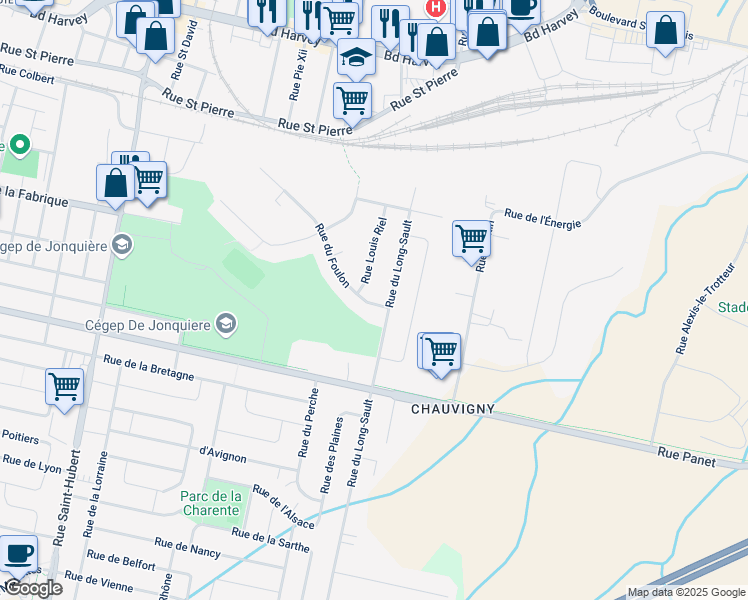 map of restaurants, bars, coffee shops, grocery stores, and more near 3608 Rue du Foulon in Saguenay