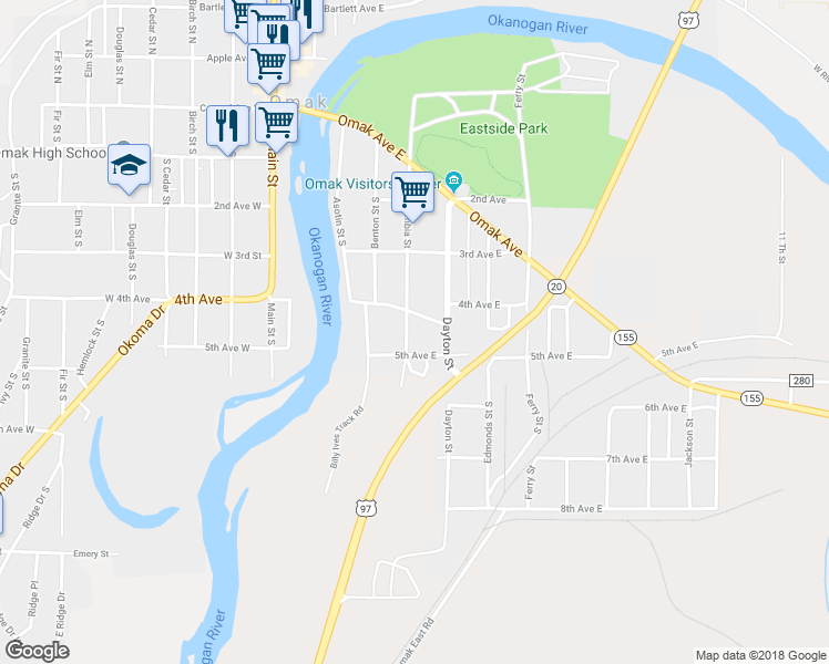 map of restaurants, bars, coffee shops, grocery stores, and more near 417 Columbia Street in Omak