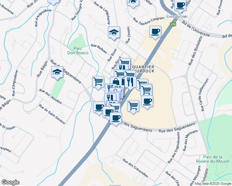 map of restaurants, bars, coffee shops, grocery stores, and more near 1396 Boulevard Talbot in Saguenay