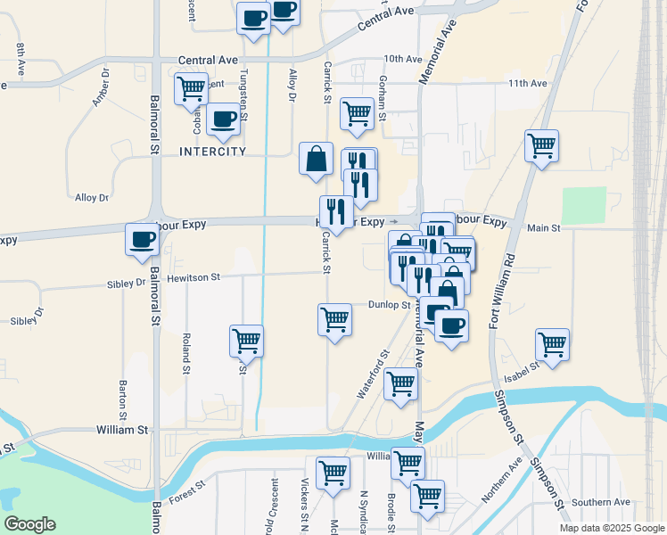 map of restaurants, bars, coffee shops, grocery stores, and more near 1061 Carrick Street in Thunder Bay