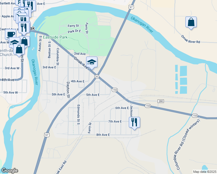 map of restaurants, bars, coffee shops, grocery stores, and more near 702 Omak Avenue in Omak