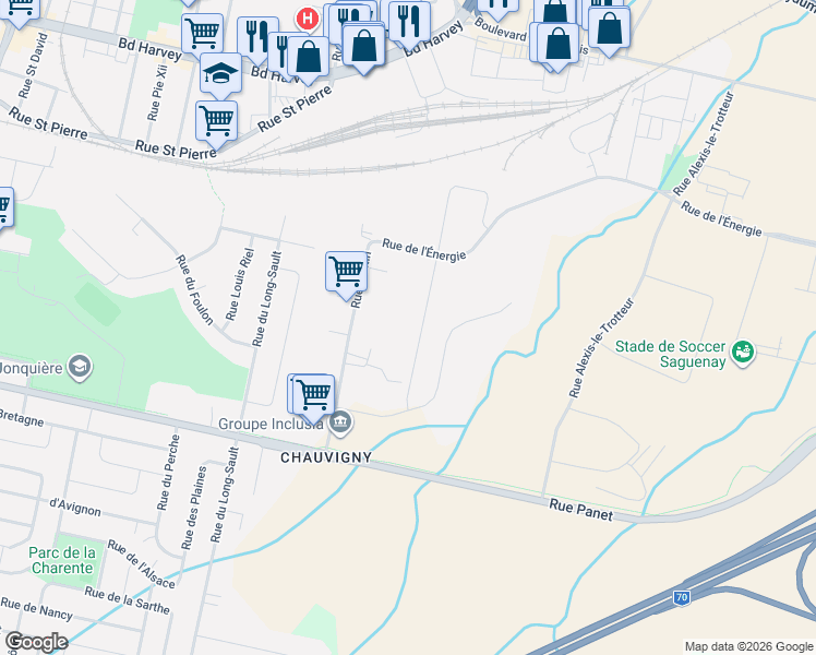 map of restaurants, bars, coffee shops, grocery stores, and more near 2390 Rue de la Métallurgie in Saguenay