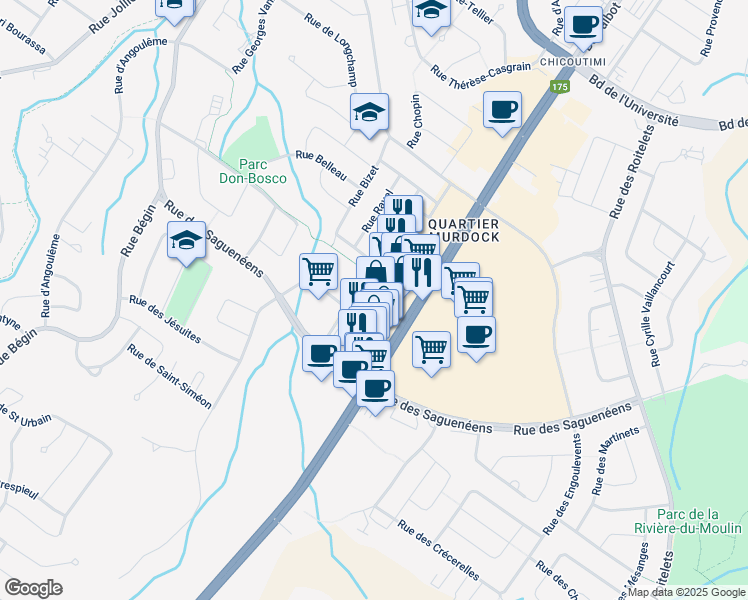 map of restaurants, bars, coffee shops, grocery stores, and more near 1396 Boulevard Talbot in Saguenay