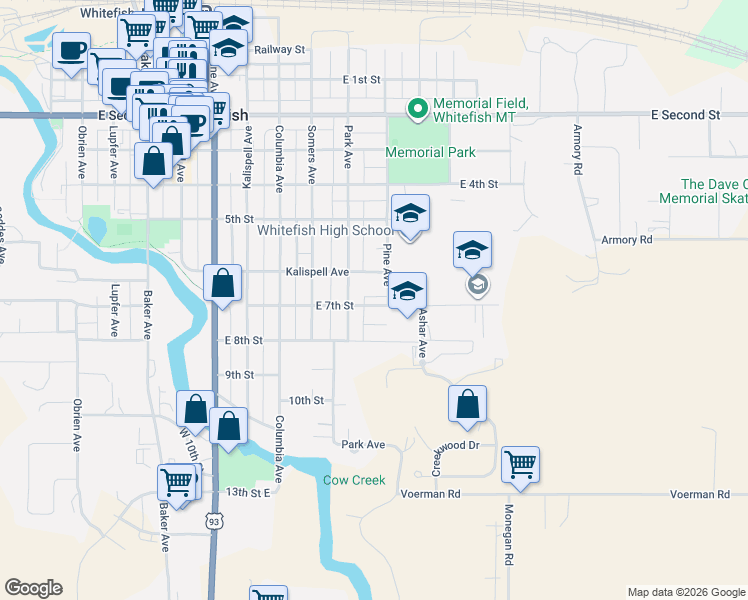 map of restaurants, bars, coffee shops, grocery stores, and more near 1013 East 7th Street in Whitefish