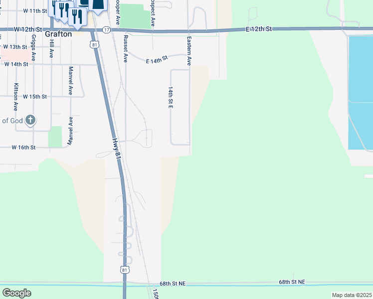 map of restaurants, bars, coffee shops, grocery stores, and more near 0 16th Street East in Grafton