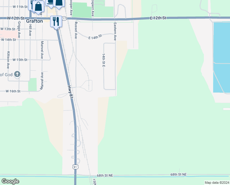 map of restaurants, bars, coffee shops, grocery stores, and more near 0 16th Street East in Grafton
