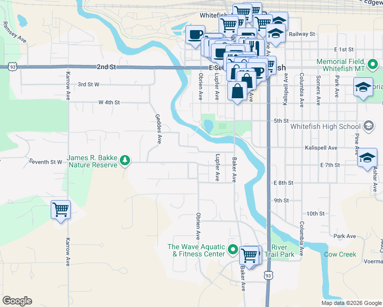 map of restaurants, bars, coffee shops, grocery stores, and more near 501-599 Scott Ave in Whitefish