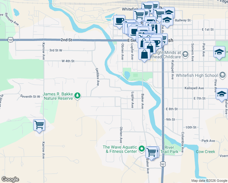 map of restaurants, bars, coffee shops, grocery stores, and more near 501-599 Scott Ave in Whitefish