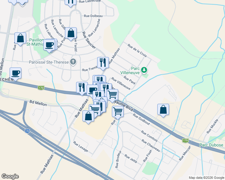 map of restaurants, bars, coffee shops, grocery stores, and more near 2641 Rue Dubose in Saguenay
