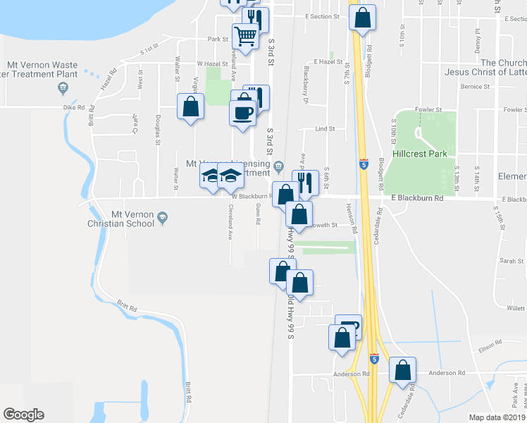 map of restaurants, bars, coffee shops, grocery stores, and more near 202 West Blackburn Road in Mount Vernon