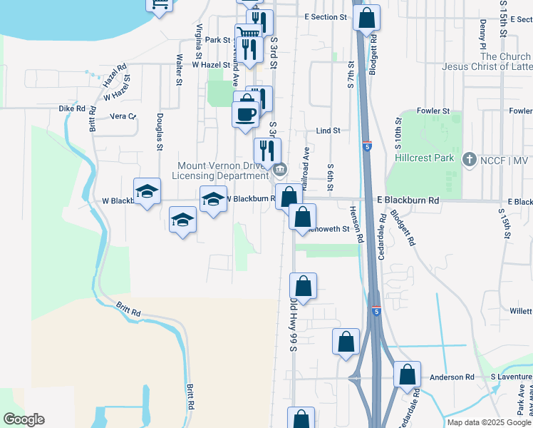 map of restaurants, bars, coffee shops, grocery stores, and more near 202 West Blackburn Road in Mount Vernon