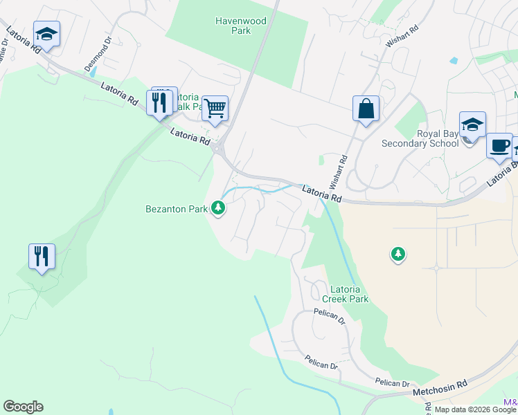 map of restaurants, bars, coffee shops, grocery stores, and more near 555 Bezanton Way in Victoria