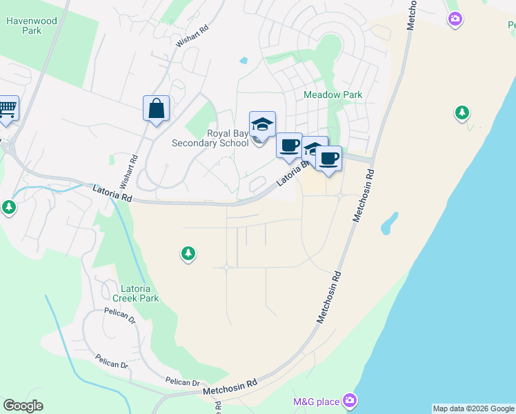 map of restaurants, bars, coffee shops, grocery stores, and more near 402 Latoria Road in Victoria
