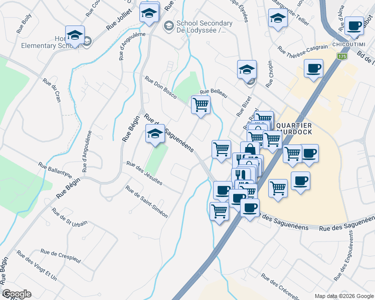 map of restaurants, bars, coffee shops, grocery stores, and more near 202 Rue des Saguenéens in Saguenay