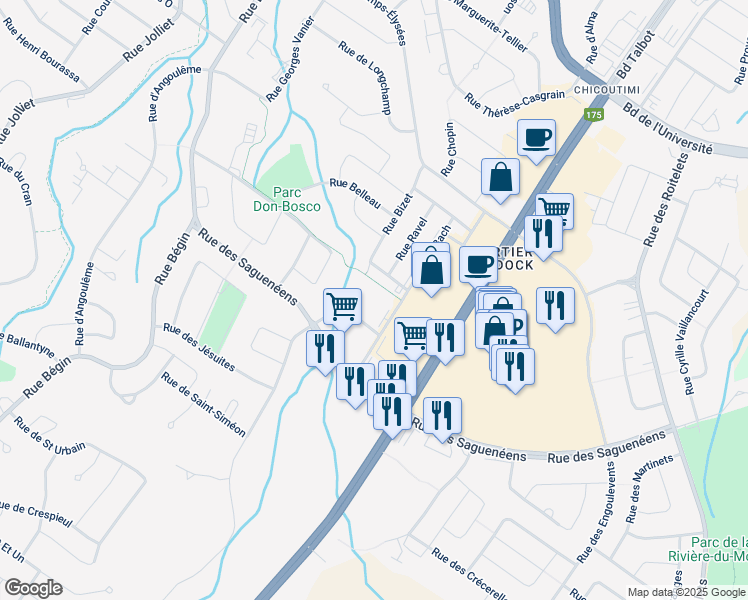 map of restaurants, bars, coffee shops, grocery stores, and more near 332 Rue Goulet in Saguenay