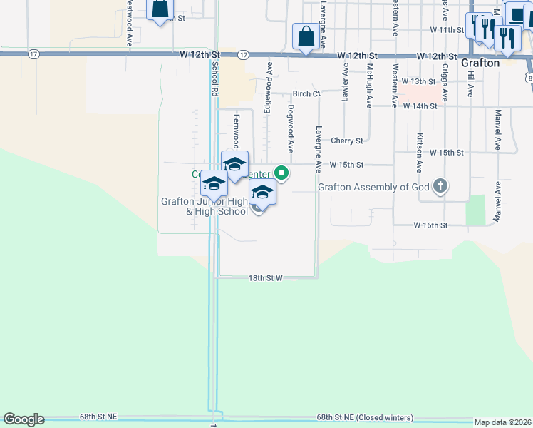 map of restaurants, bars, coffee shops, grocery stores, and more near 1548 School Road in Grafton