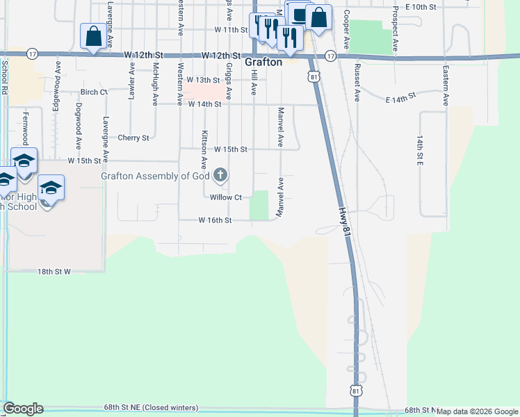 map of restaurants, bars, coffee shops, grocery stores, and more near 1 East 16th Street in Grafton