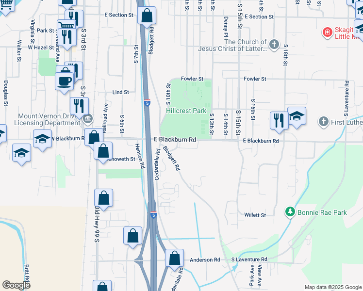 map of restaurants, bars, coffee shops, grocery stores, and more near 1024 East Blackburn Road in Mount Vernon