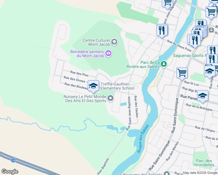 map of restaurants, bars, coffee shops, grocery stores, and more near 4140 Rue de Carillon in Saguenay